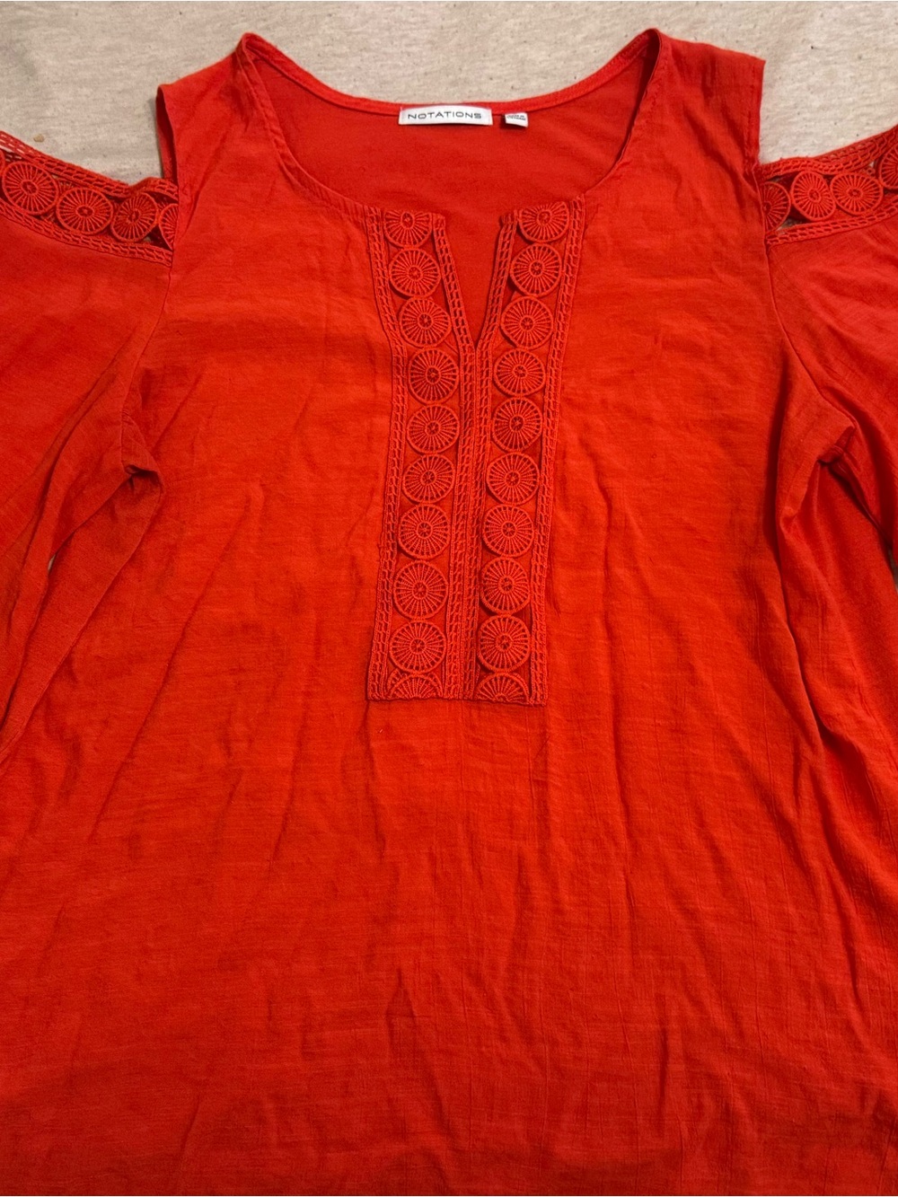 Notations Orange-Red Cold-Shoulder Tunic with Crochet Placket